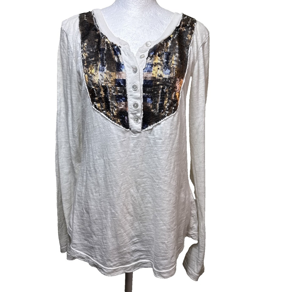 Free People Tiger Eyes Henley M Slub Cotton Sparkle Shimmer Shirt Bella Swan Y2K